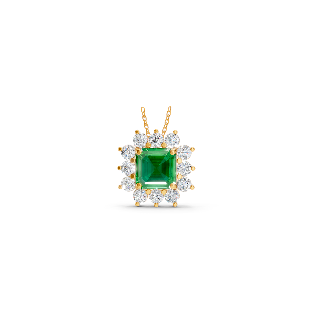 Colombian Emerald Asscher Sunburst Diamond Halo Pendant