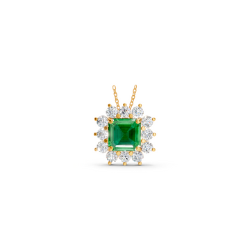 Colombian Emerald Asscher Sunburst Diamond Halo Pendant
