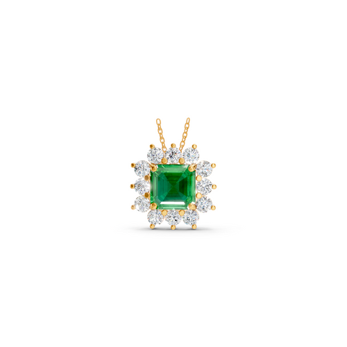 Colombian Emerald Asscher Sunburst Diamond Halo Pendant