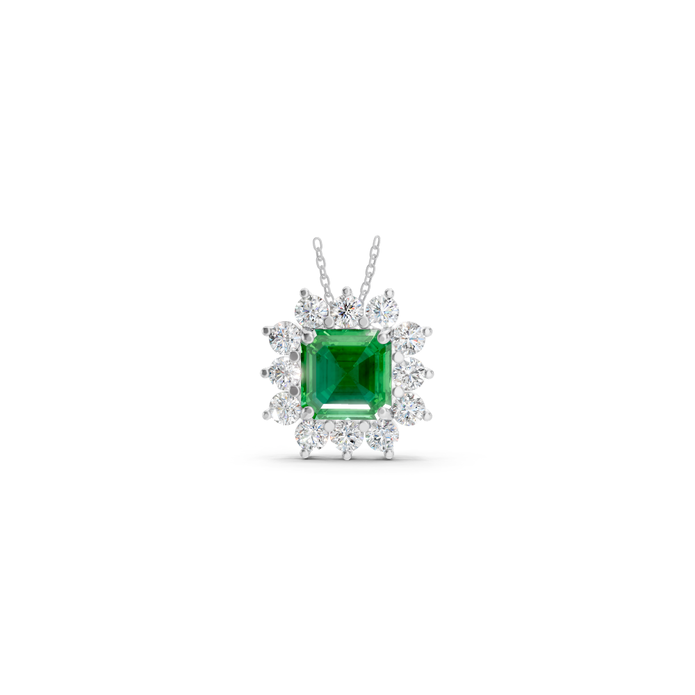 Colombian Emerald Asscher Sunburst Diamond Halo Pendant