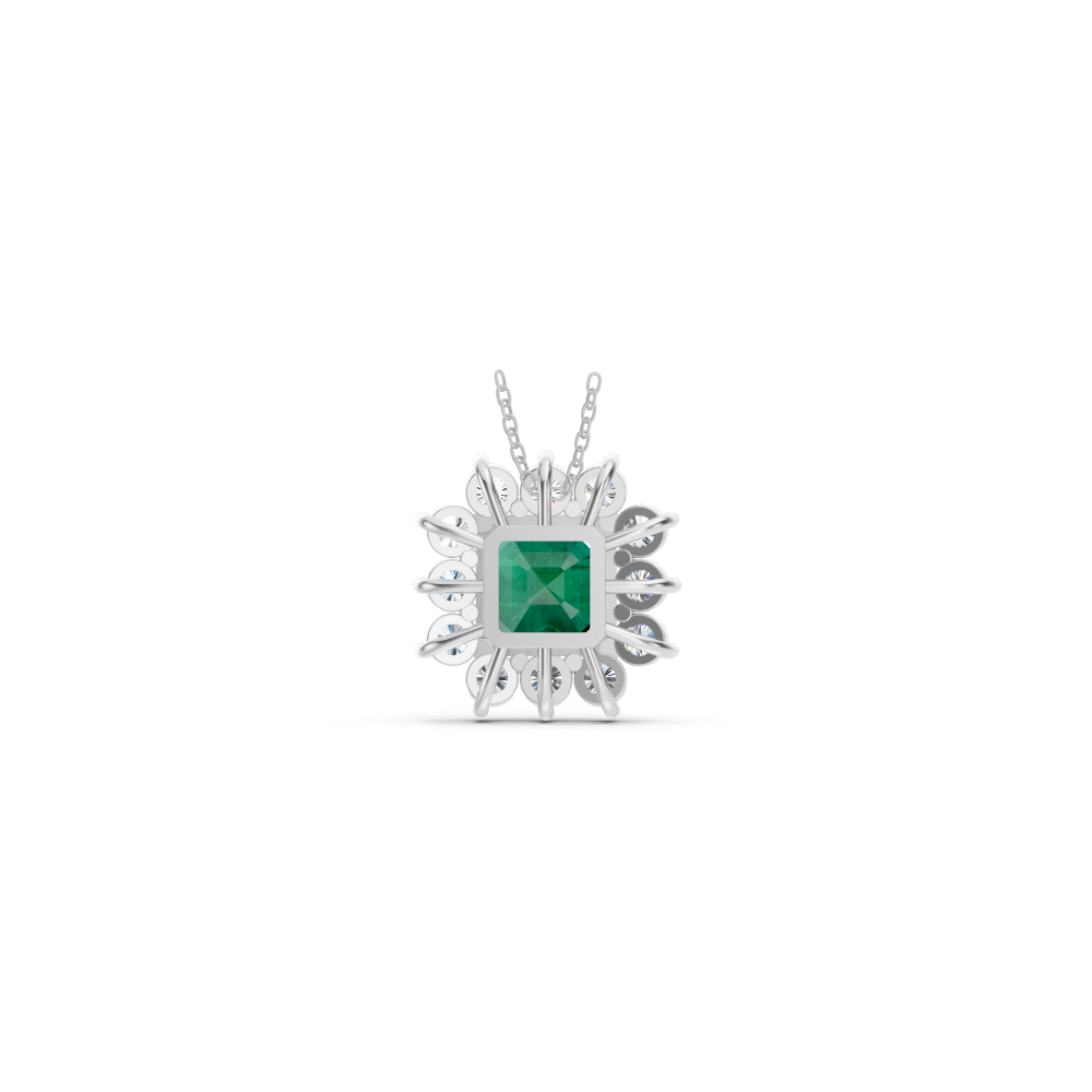 Colombian Emerald Asscher Sunburst Diamond Halo Pendant