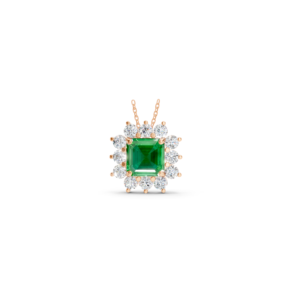 Colombian Emerald Asscher Sunburst Diamond Halo Pendant