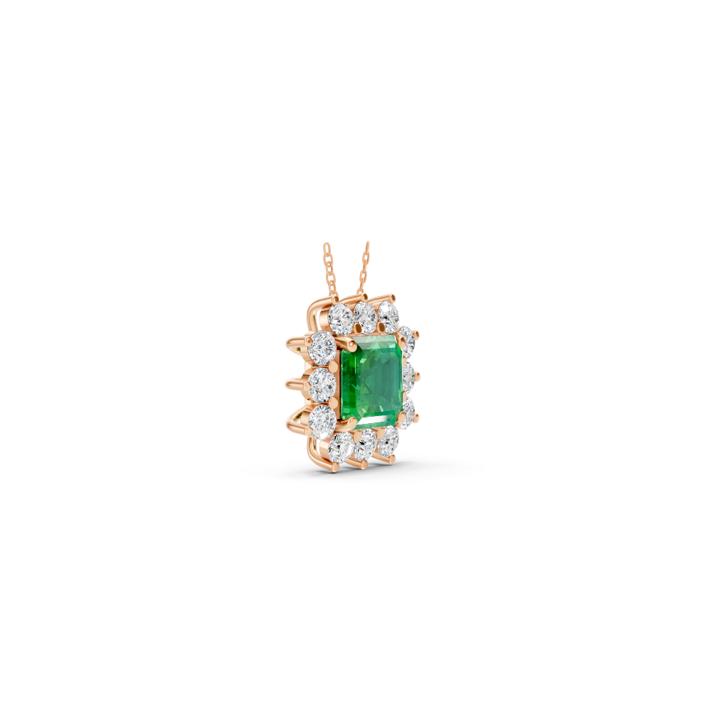 Colombian Emerald Asscher Sunburst Diamond Halo Pendant