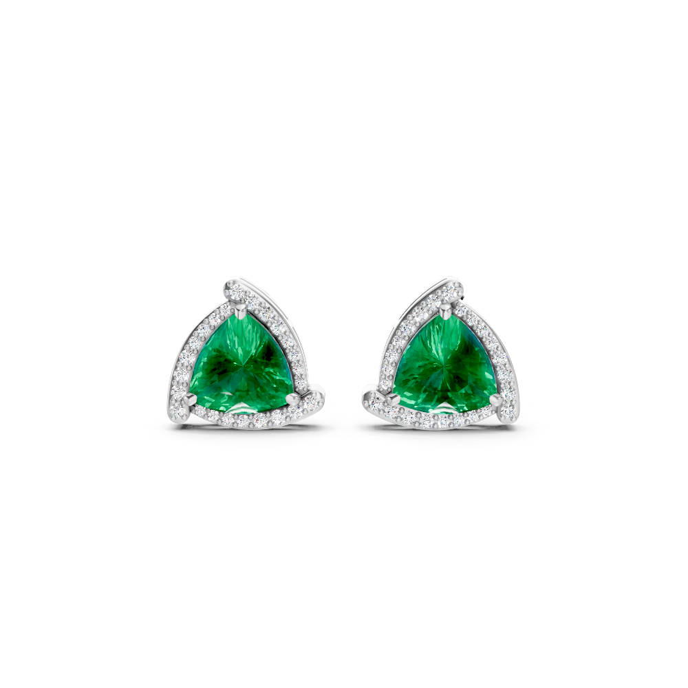 Colombian Emerald Trillion Halo Stud Earrings