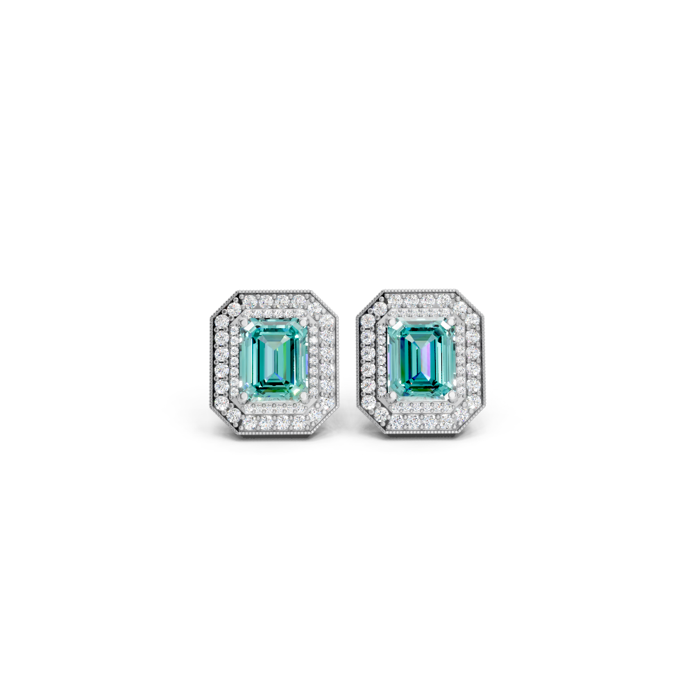 Paraiba Tourmaline Octagonal Double Halo Milgrain Stud Earrings