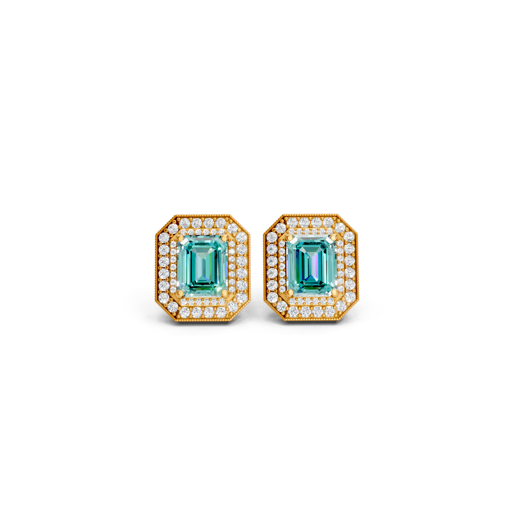 Paraiba Tourmaline Octagonal Double Halo Milgrain Stud Earrings