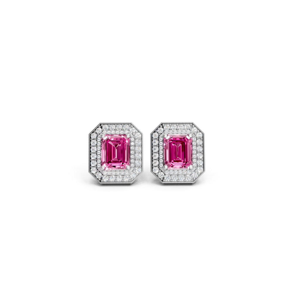Pink Sapphire Octagonal Double Halo Milgrain Stud Earrings