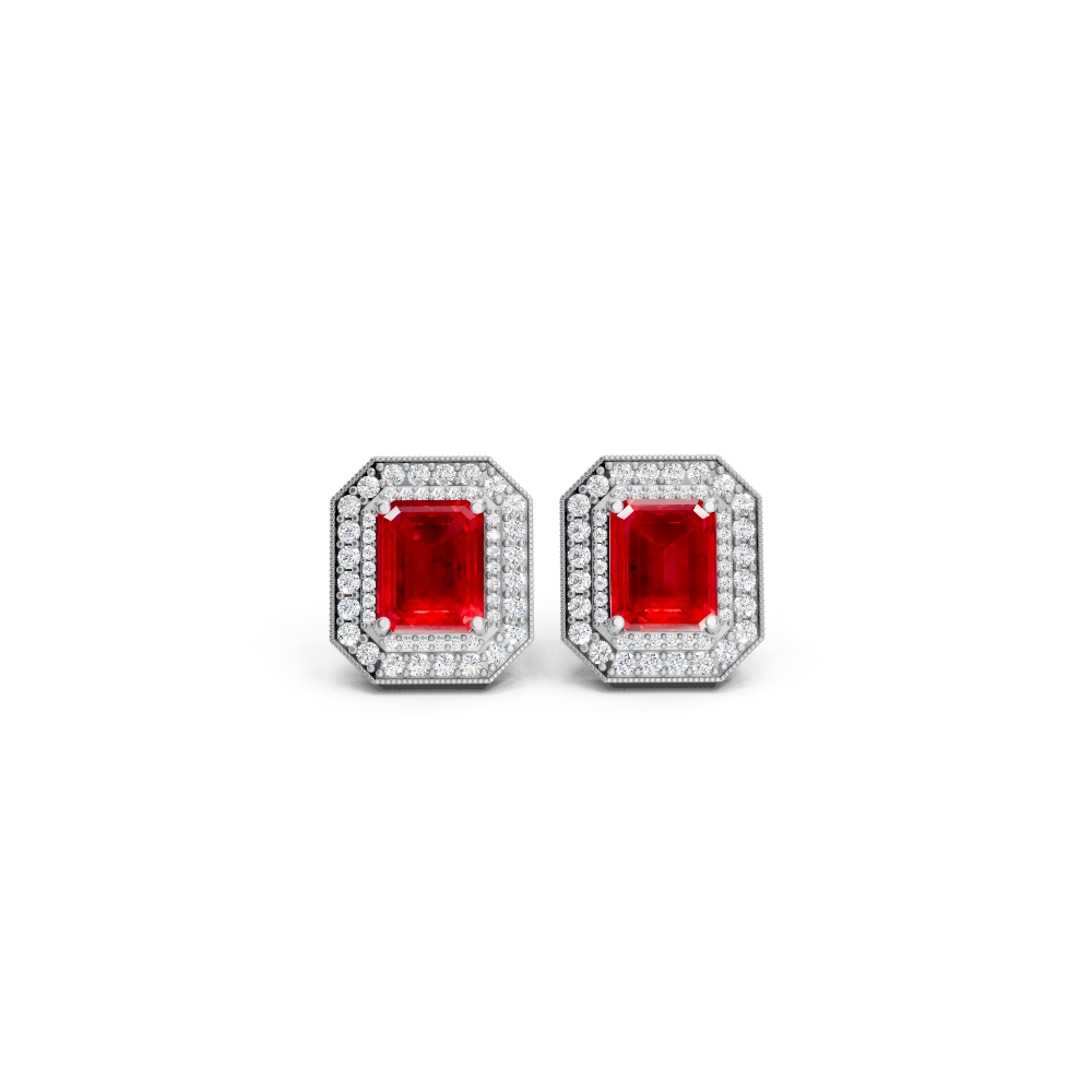 Ruby Octagonal Double Halo Milgrain Stud Earrings