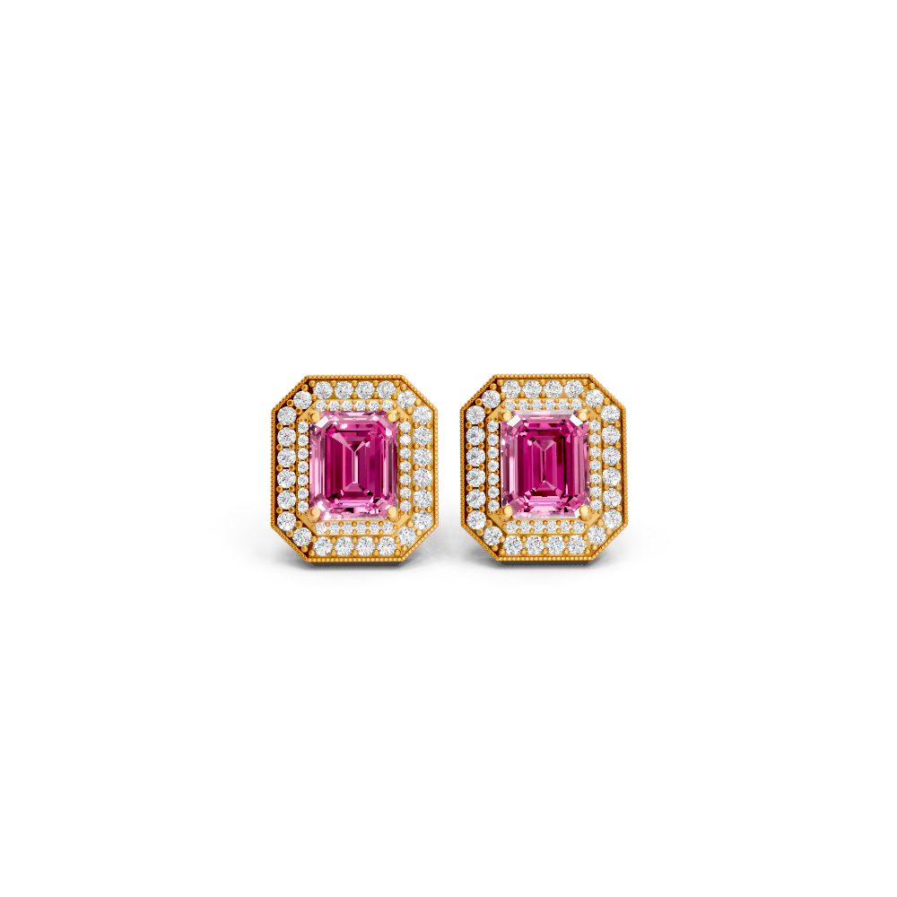 Pink Sapphire Octagonal Double Halo Milgrain Stud Earrings