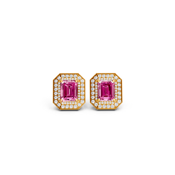 Pink Sapphire Octagonal Double Halo Milgrain Stud Earrings
