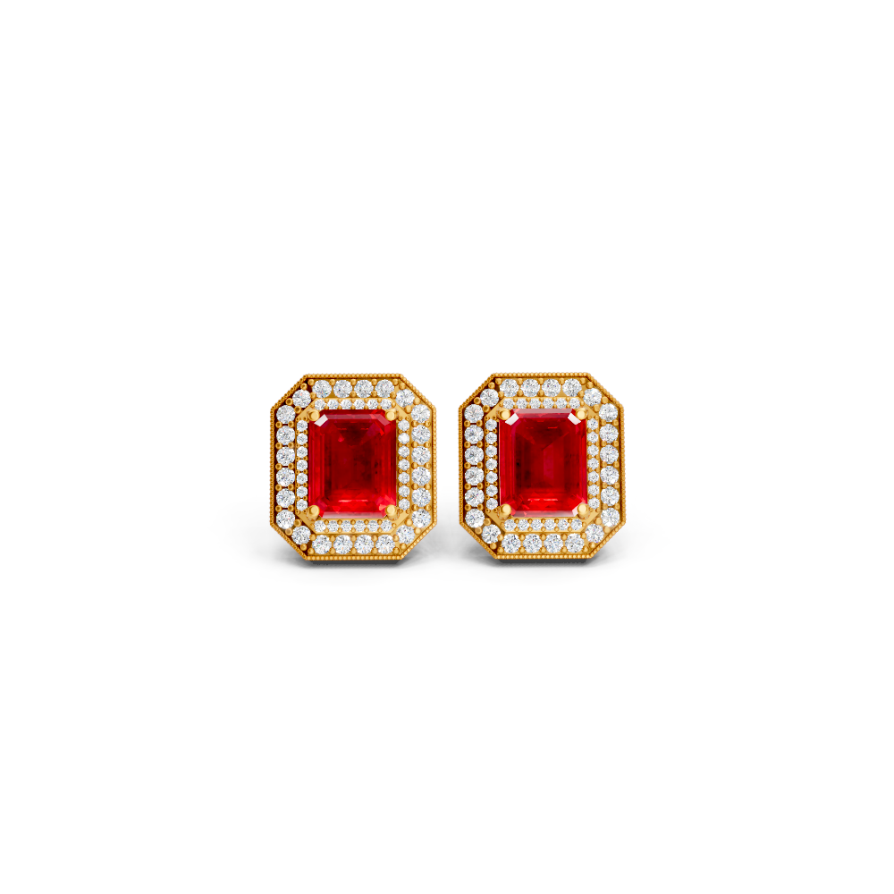 Ruby Octagonal Double Halo Milgrain Stud Earrings