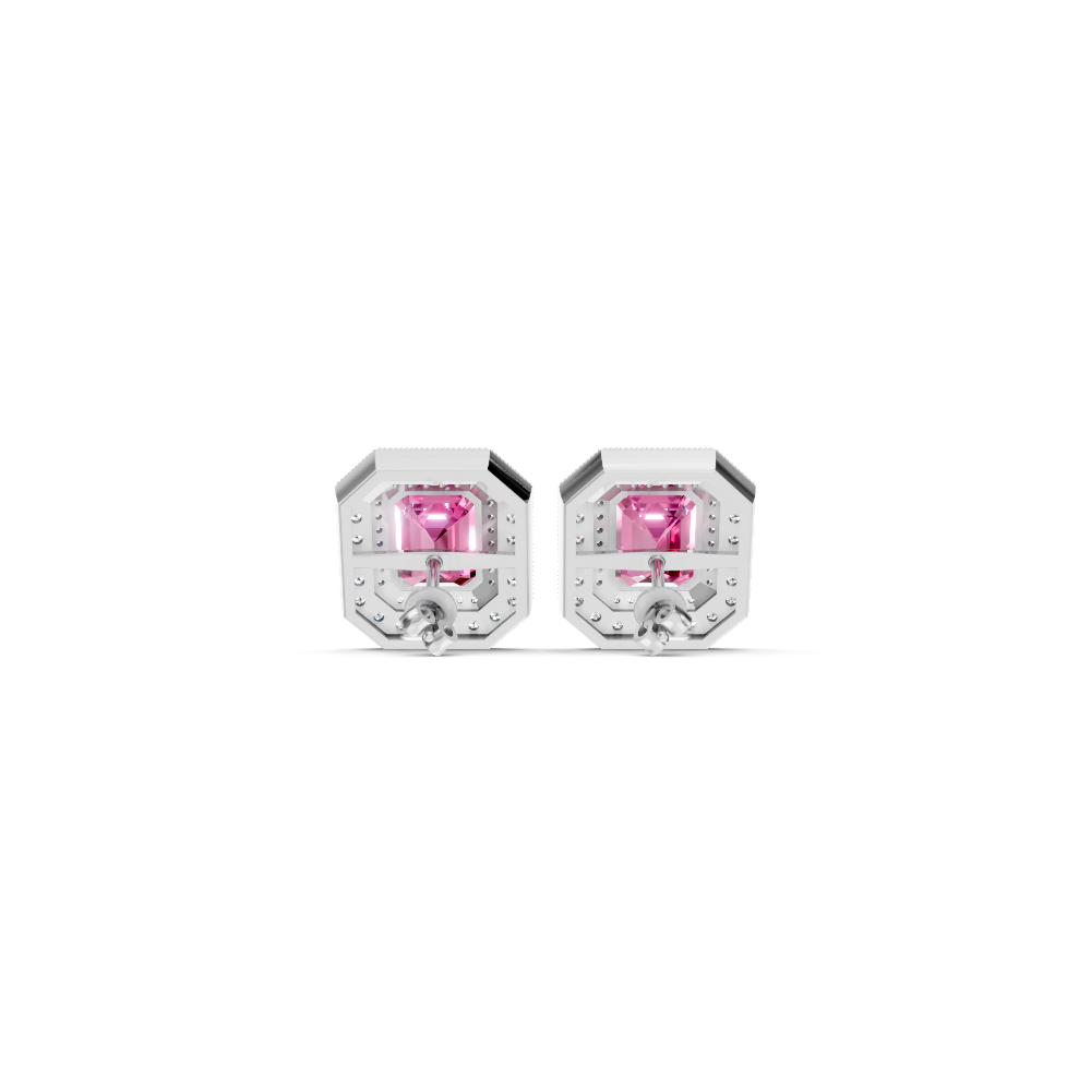 Pink Sapphire Octagonal Double Halo Milgrain Stud Earrings