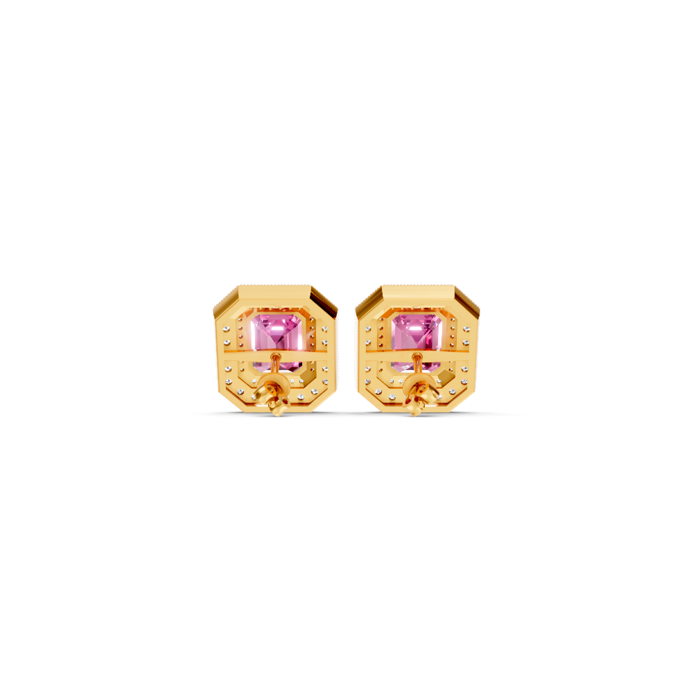 Pink Sapphire Octagonal Double Halo Milgrain Stud Earrings