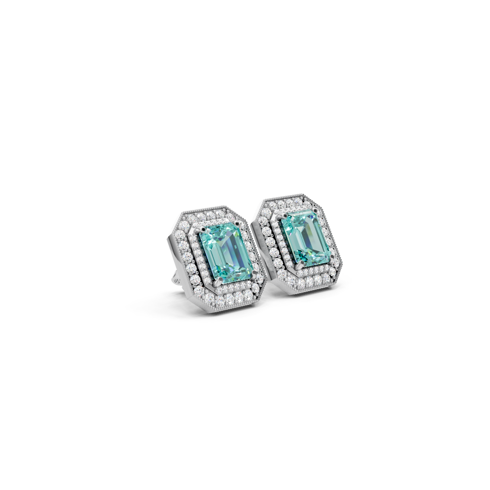 Paraiba Tourmaline Octagonal Double Halo Milgrain Stud Earrings