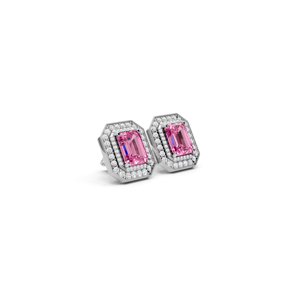 Pink Sapphire Octagonal Double Halo Milgrain Stud Earrings