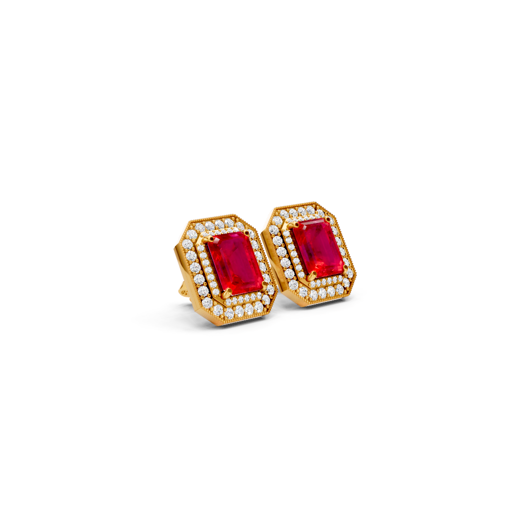 Ruby Octagonal Double Halo Milgrain Stud Earrings