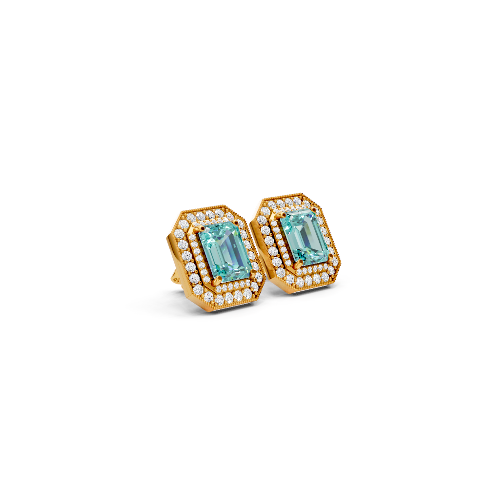 Paraiba Tourmaline Octagonal Double Halo Milgrain Stud Earrings