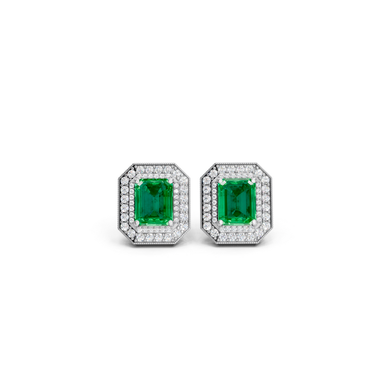 Colombian Emerald  Octagonal Double Halo Milgrain Stud Earrings 2