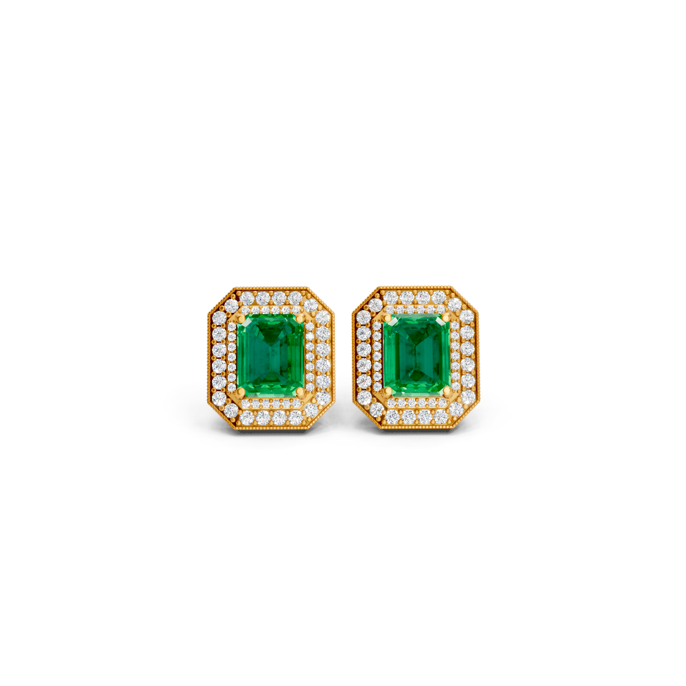 Colombian Emerald  Octagonal Double Halo Milgrain Stud Earrings
