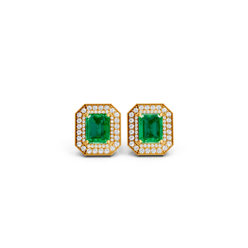 Colombian Emerald  Octagonal Double Halo Milgrain Stud Earrings