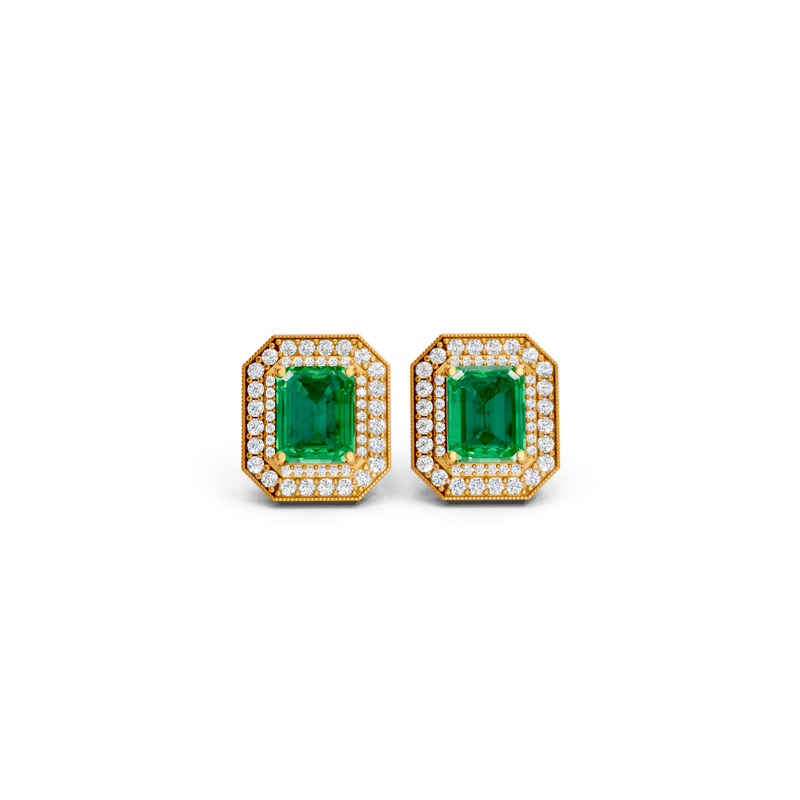 Colombian Emerald  Octagonal Double Halo Milgrain Stud Earrings 1