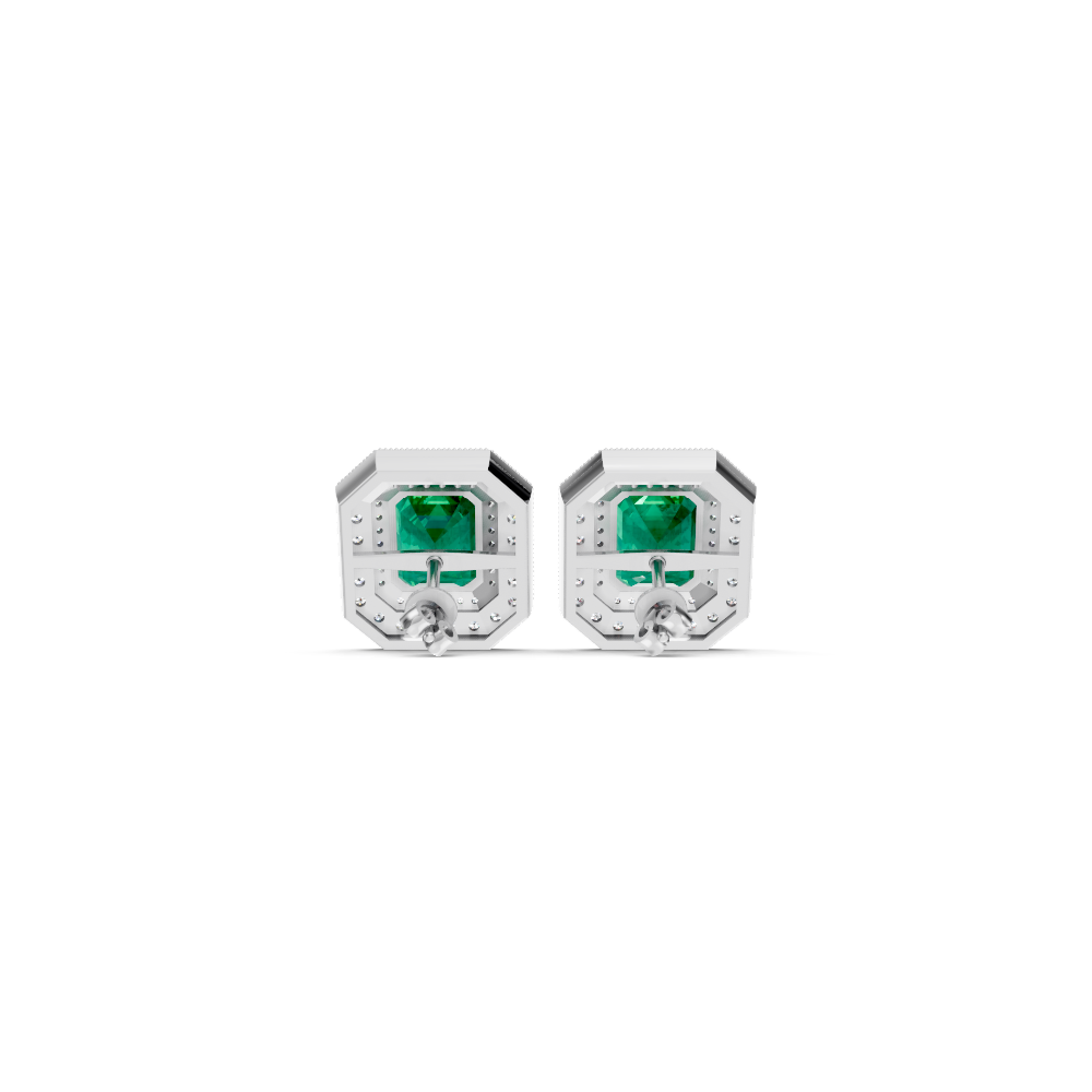 Colombian Emerald  Octagonal Double Halo Milgrain Stud Earrings