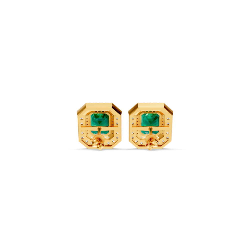 Colombian Emerald  Octagonal Double Halo Milgrain Stud Earrings