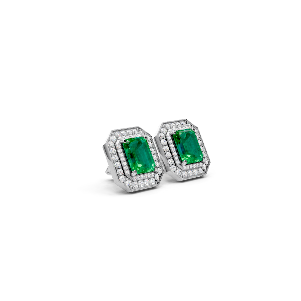 Colombian Emerald  Octagonal Double Halo Milgrain Stud Earrings