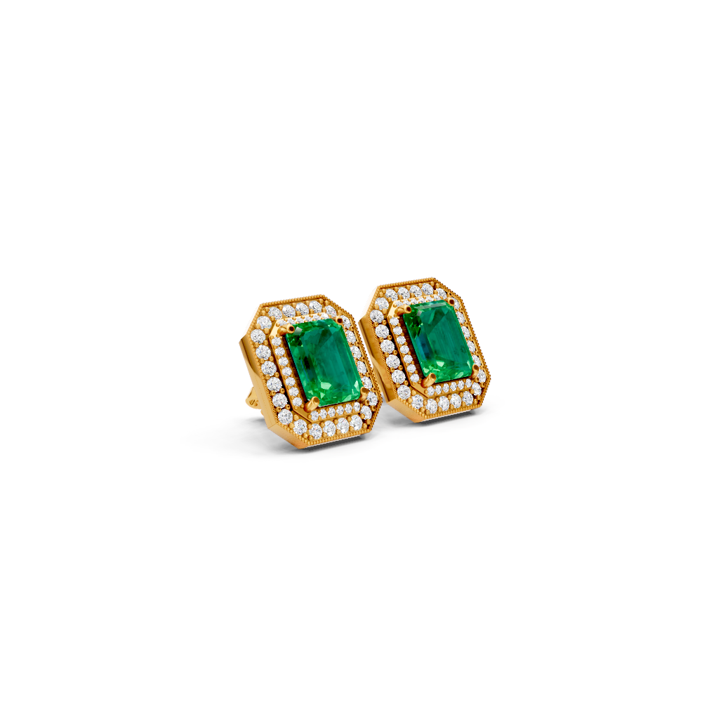 Colombian Emerald  Octagonal Double Halo Milgrain Stud Earrings