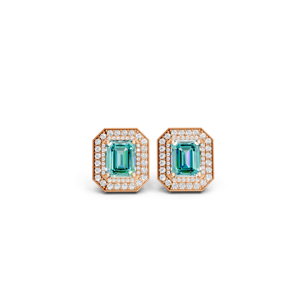 Paraiba Tourmaline Octagonal Double Halo Milgrain Stud Earrings