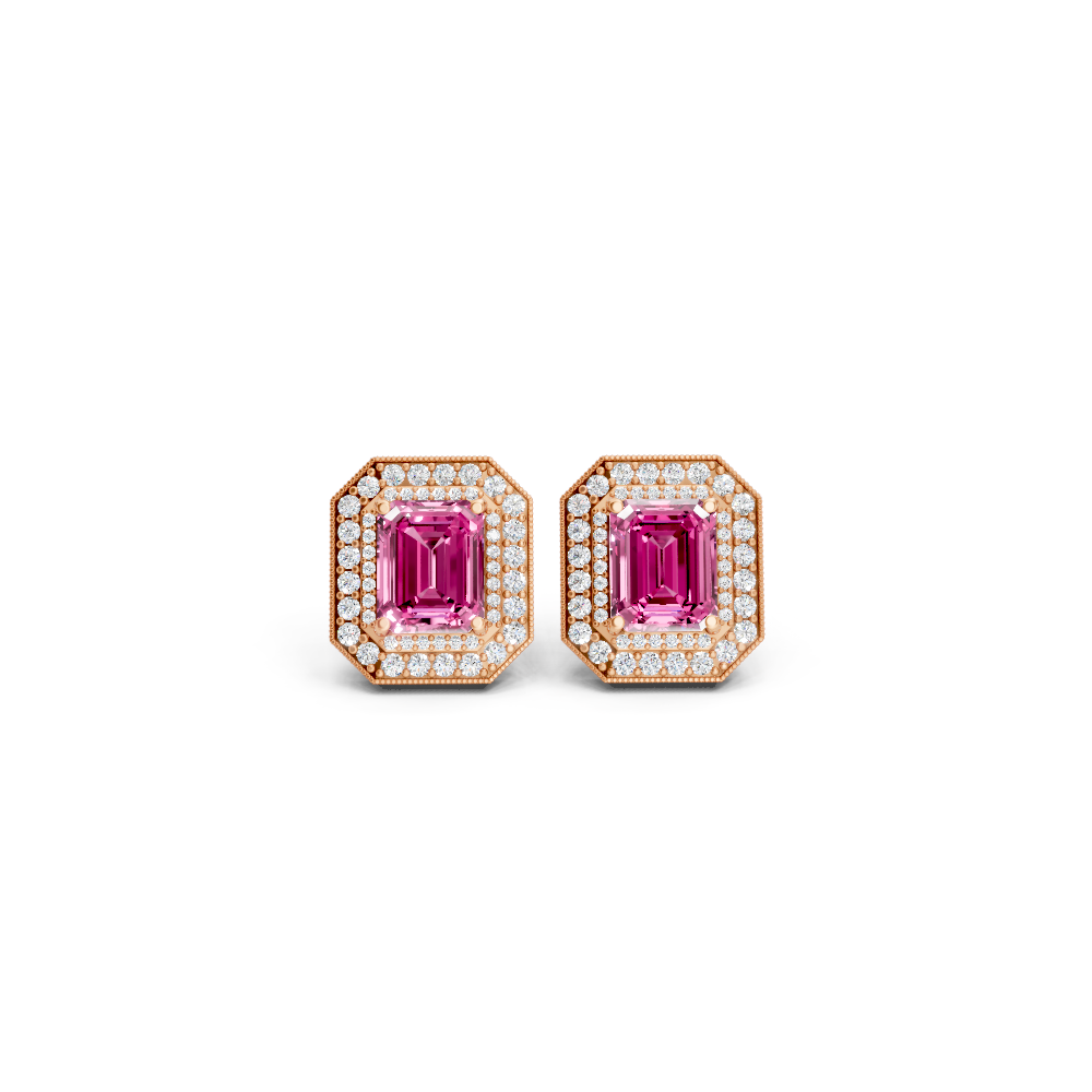 Pink Sapphire Octagonal Double Halo Milgrain Stud Earrings