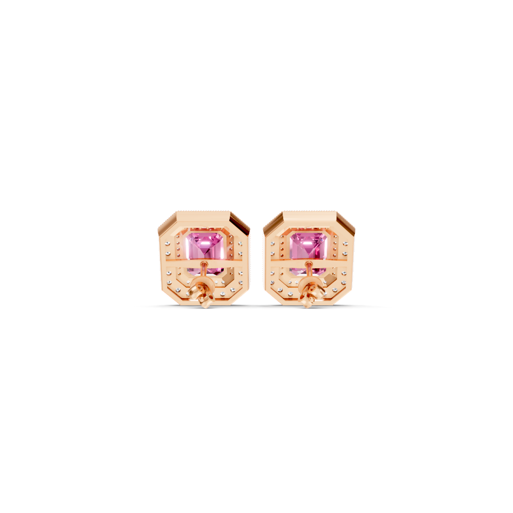 Pink Sapphire Octagonal Double Halo Milgrain Stud Earrings