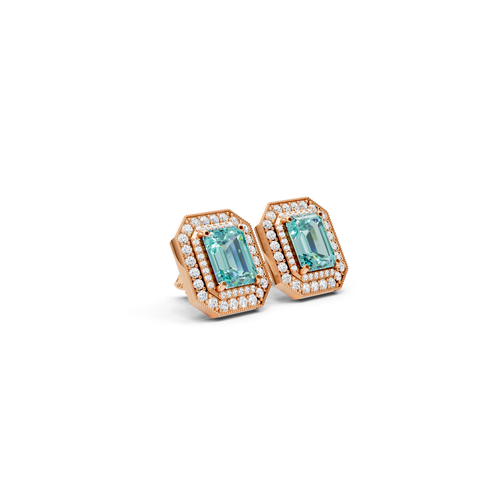 Paraiba Tourmaline Octagonal Double Halo Milgrain Stud Earrings