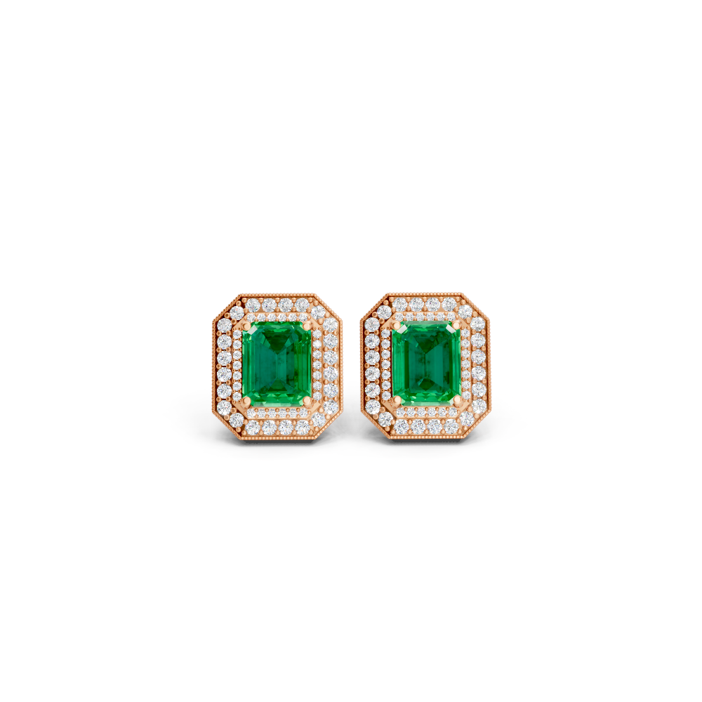 Colombian Emerald  Octagonal Double Halo Milgrain Stud Earrings