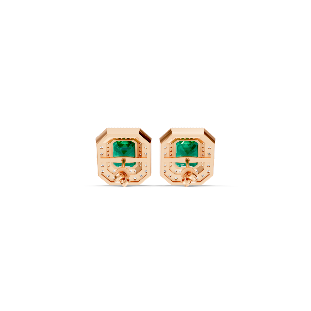 Colombian Emerald  Octagonal Double Halo Milgrain Stud Earrings