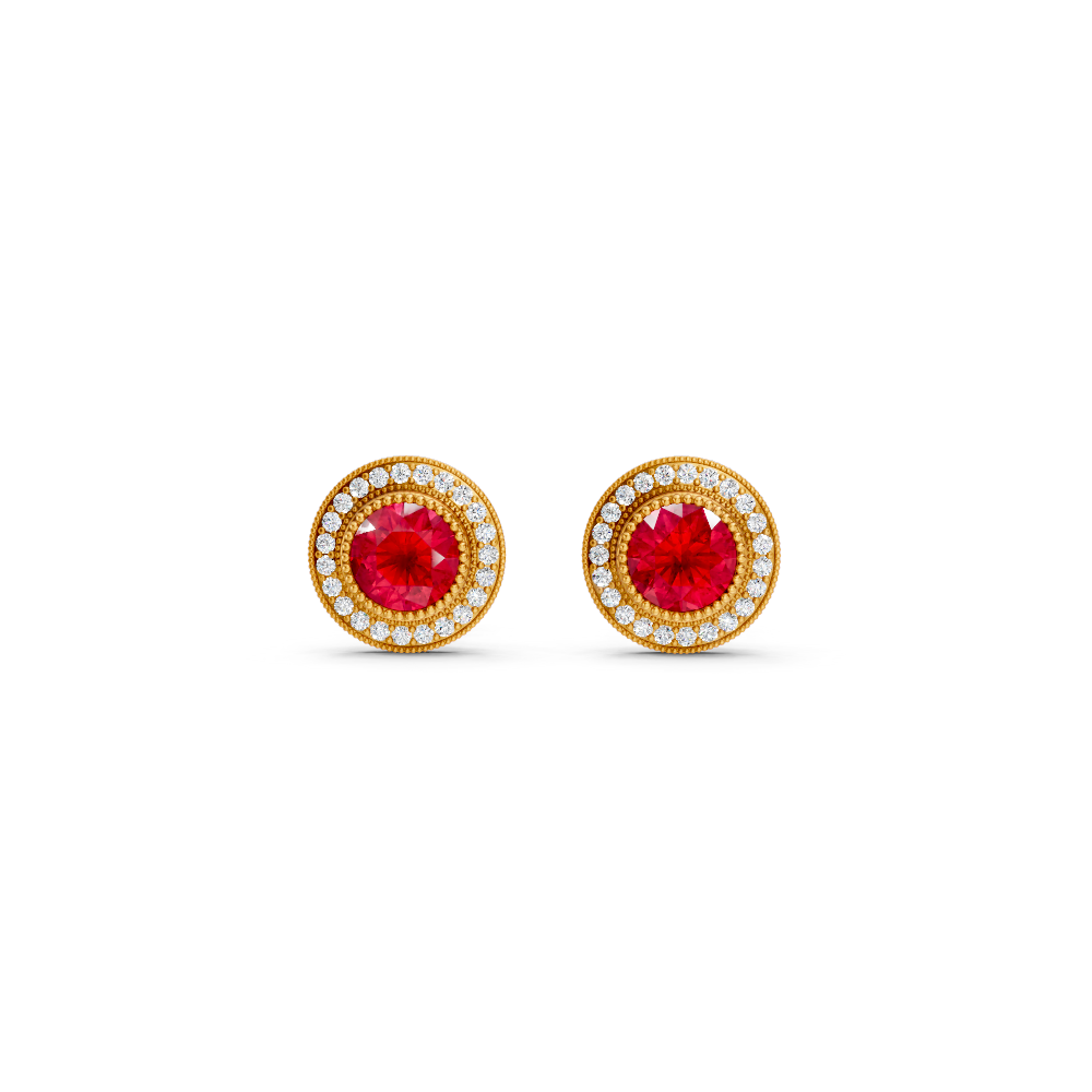 Ruby Round Double Halo Milgrain Stud Earrings