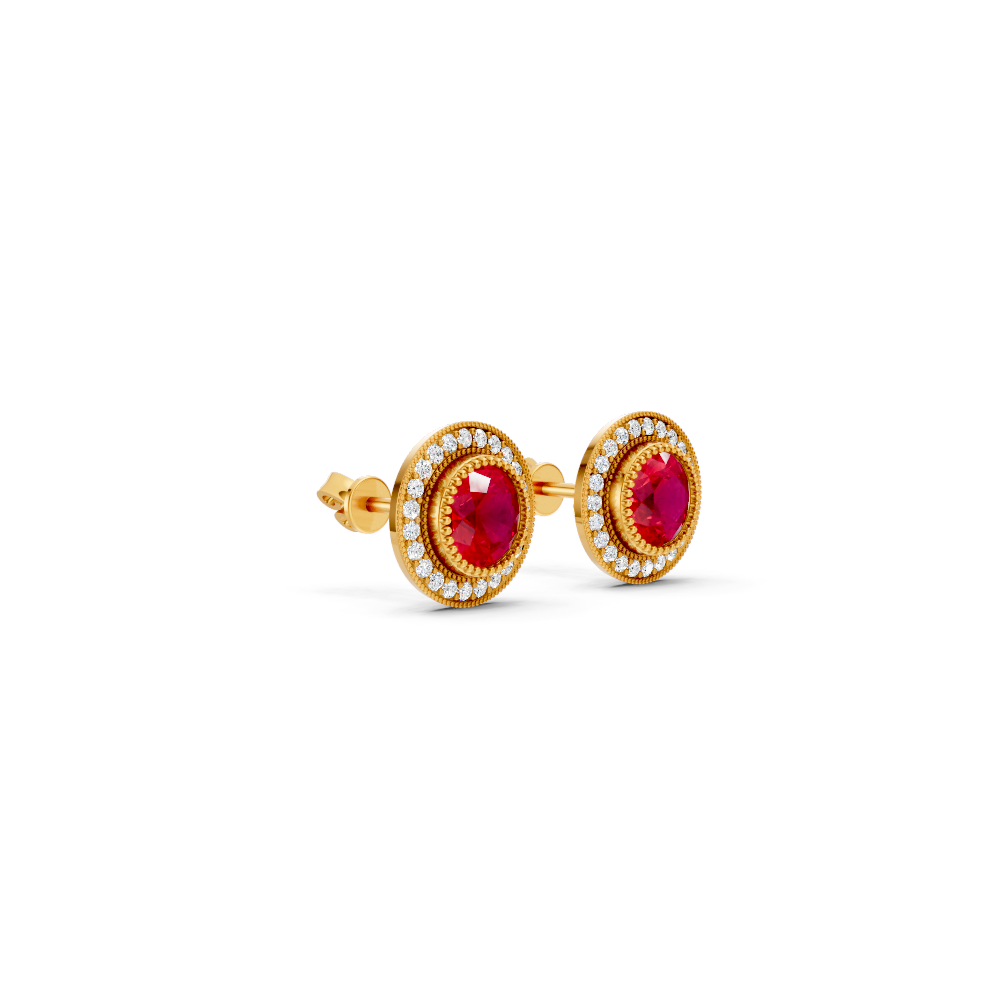 Ruby Round Double Halo Milgrain Stud Earrings