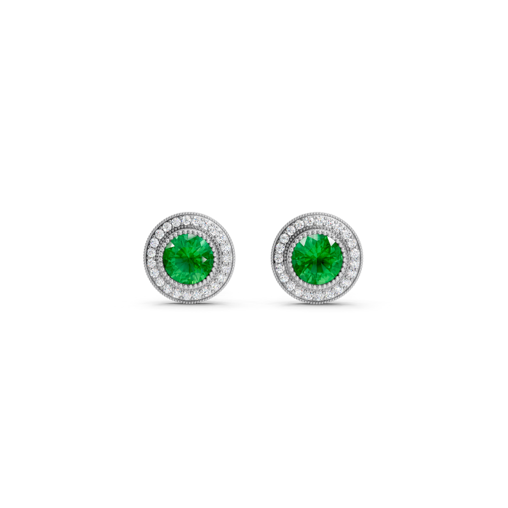Colombian Emerald  Round Double Halo Milgrain Stud Earrings