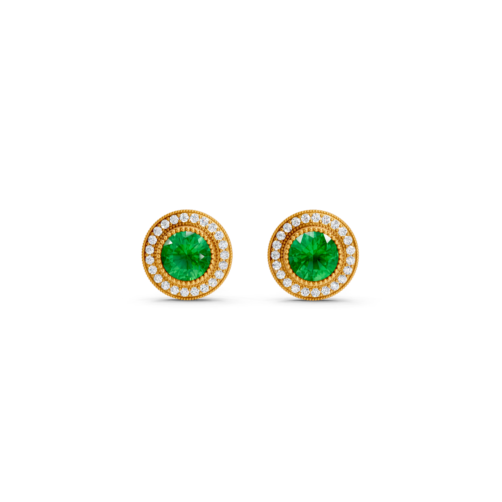 Colombian Emerald  Round Double Halo Milgrain Stud Earrings