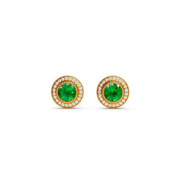 Colombian Emerald  Round Double Halo Milgrain Stud Earrings