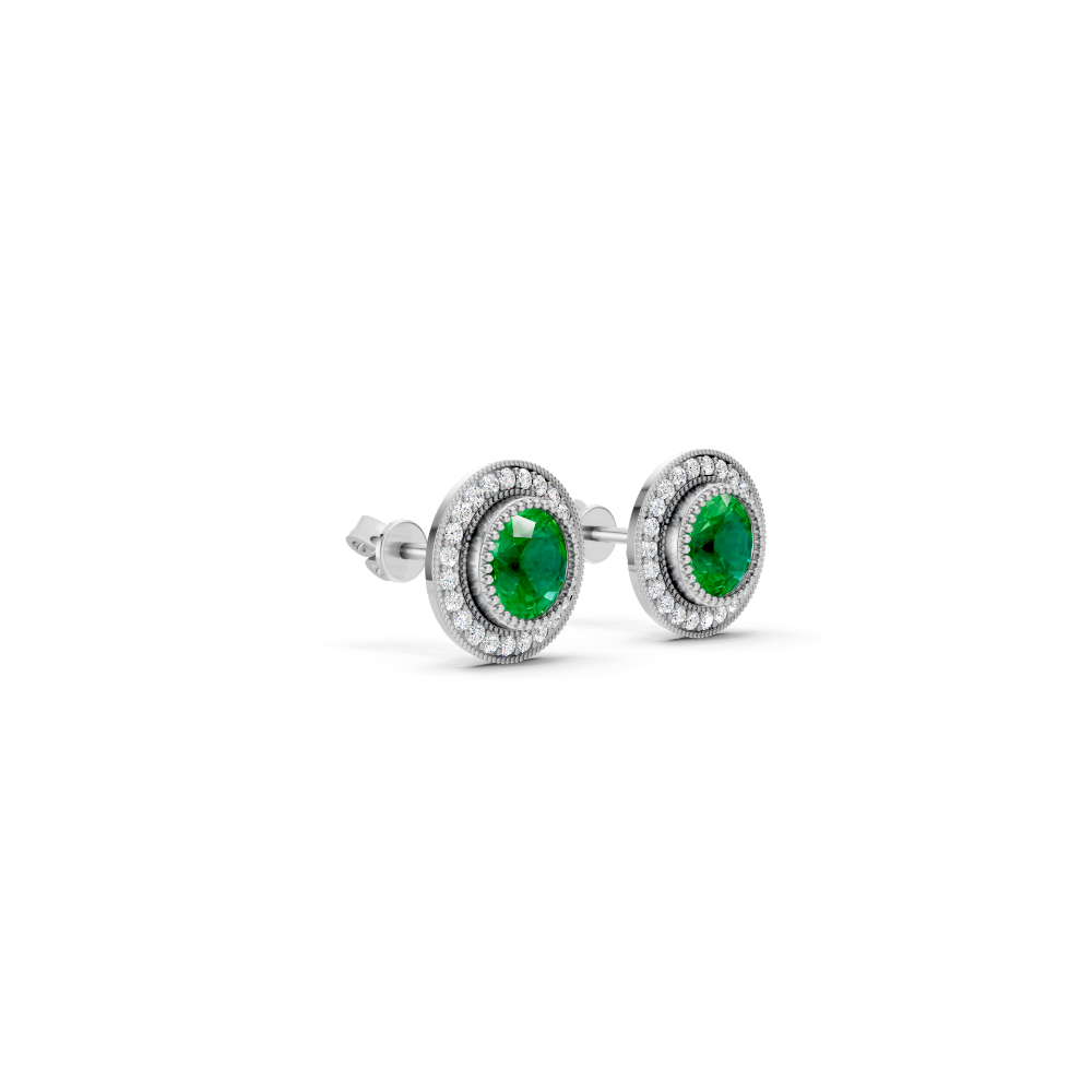 Colombian Emerald  Round Double Halo Milgrain Stud Earrings