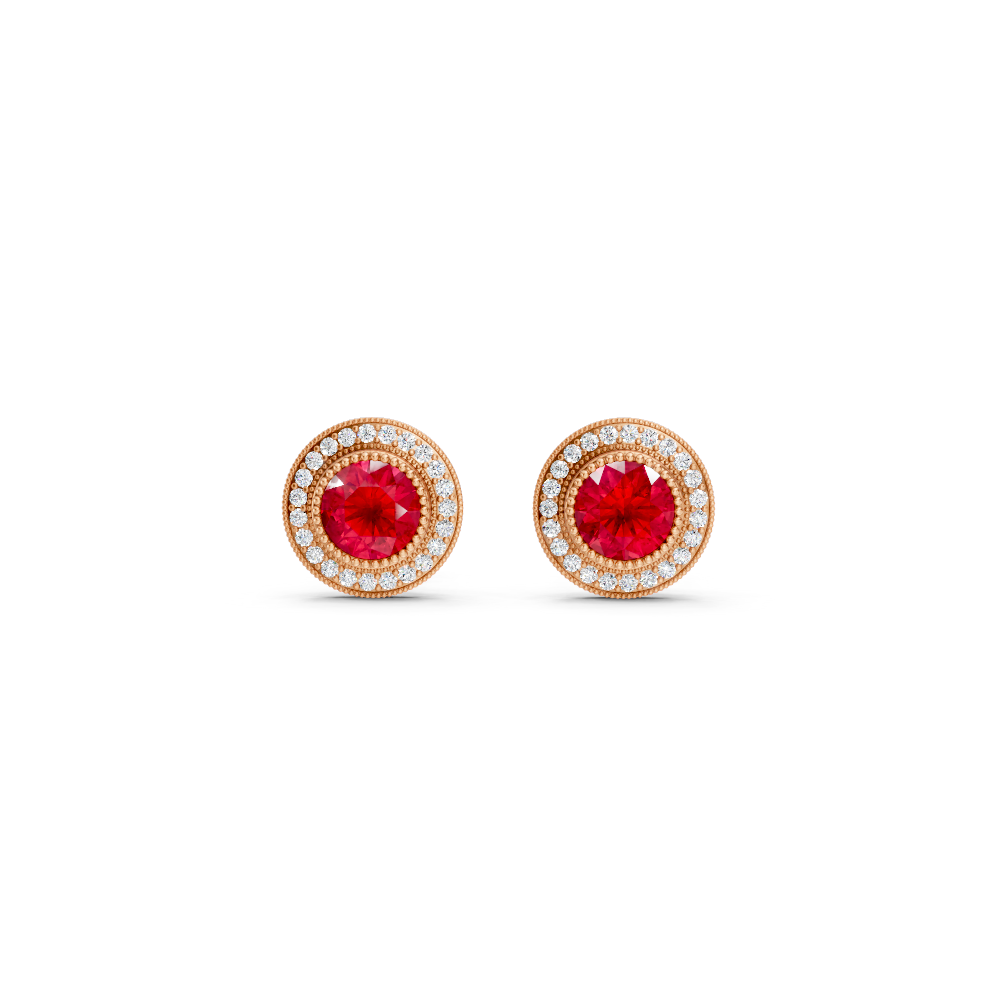 Ruby Round Double Halo Milgrain Stud Earrings