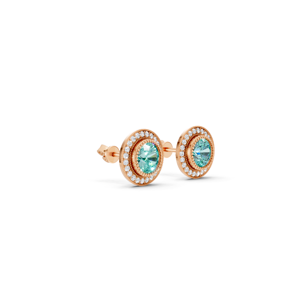 Paraiba Tourmaline Round Double Halo Milgrain Stud Earrings