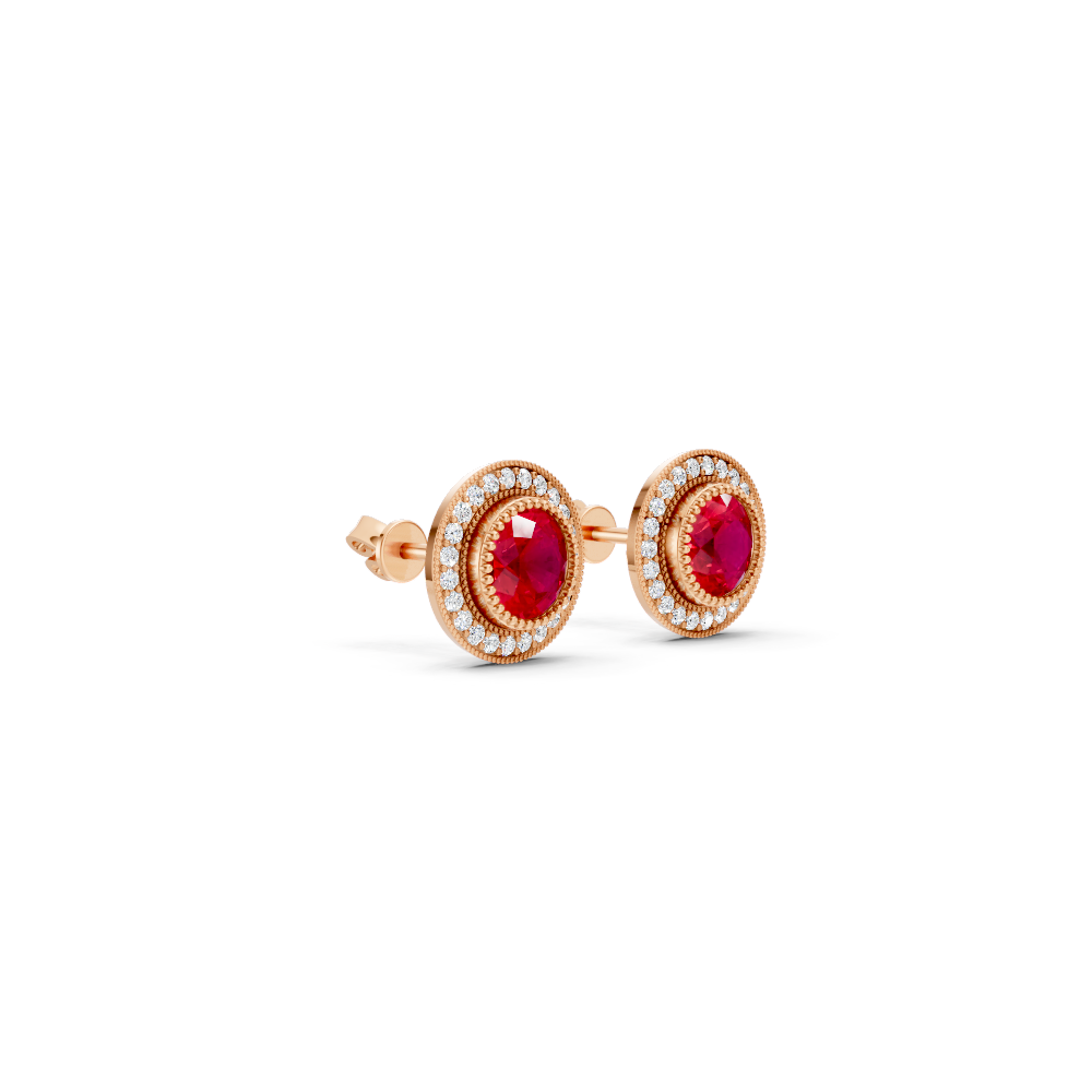 Ruby Round Double Halo Milgrain Stud Earrings