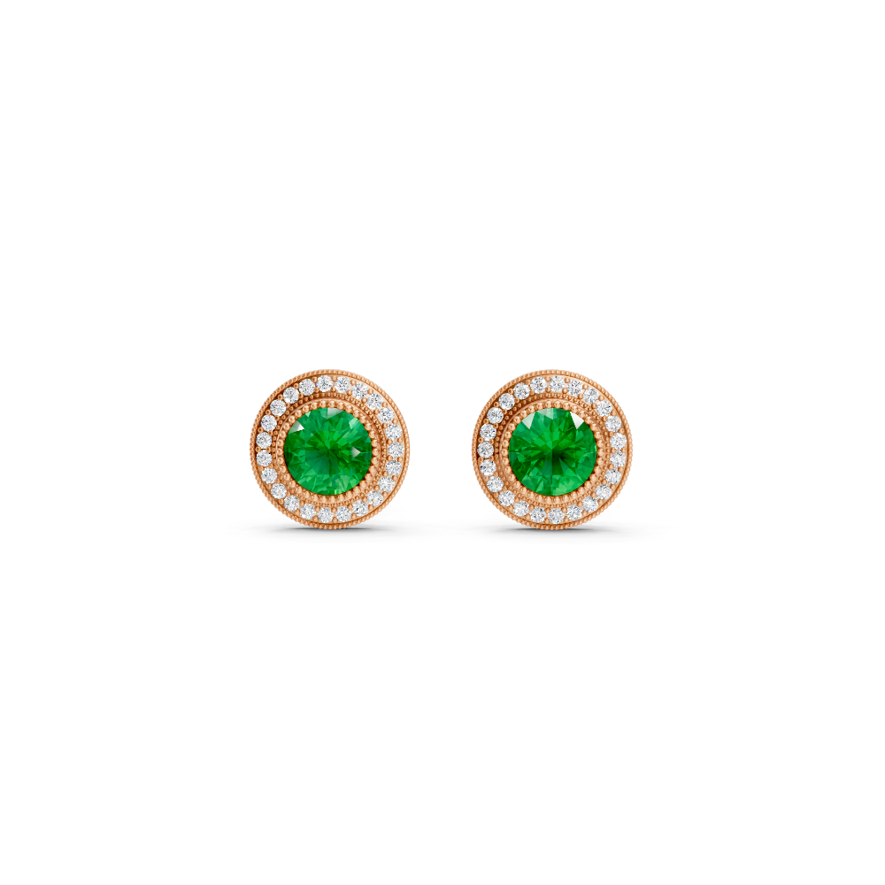 Colombian Emerald  Round Double Halo Milgrain Stud Earrings