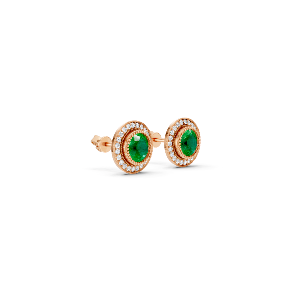 Colombian Emerald  Round Double Halo Milgrain Stud Earrings