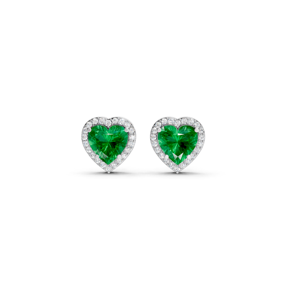 Colombian Emerald Heart Halo Stud Earrings