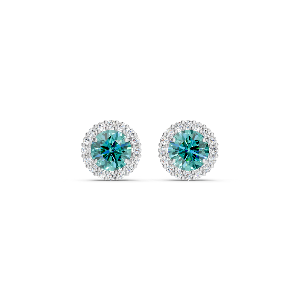 Paraiba Tourmaline Diamond Round Halo Stud Earrings with Floral Basket