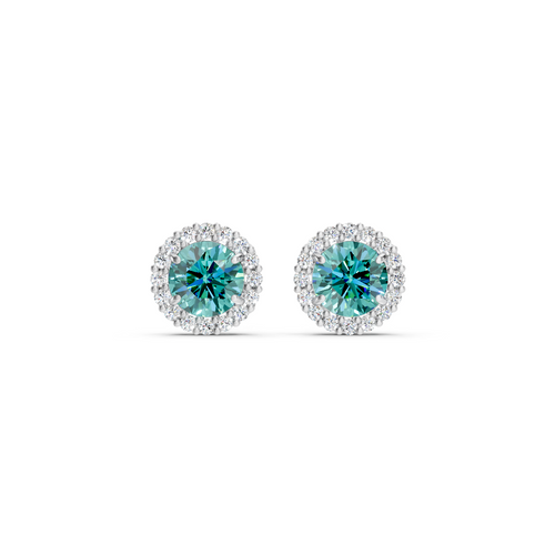 Paraiba Tourmaline Diamond Round Halo Stud Earrings with Floral Basket
