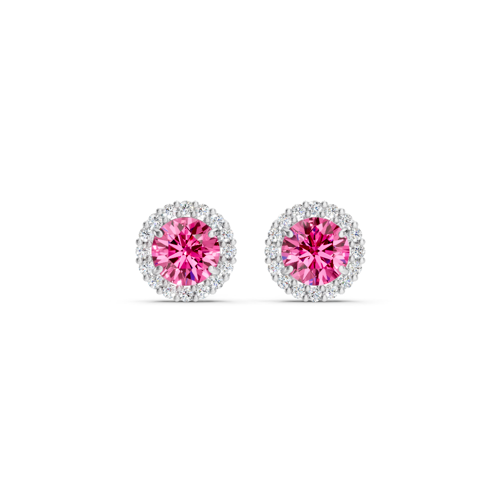 Pink Sapphire Diamond Round Halo Stud Earrings with Floral Basket